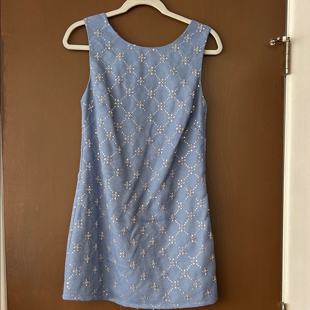 Light Blue Embellished Sleeveless Shift Dress